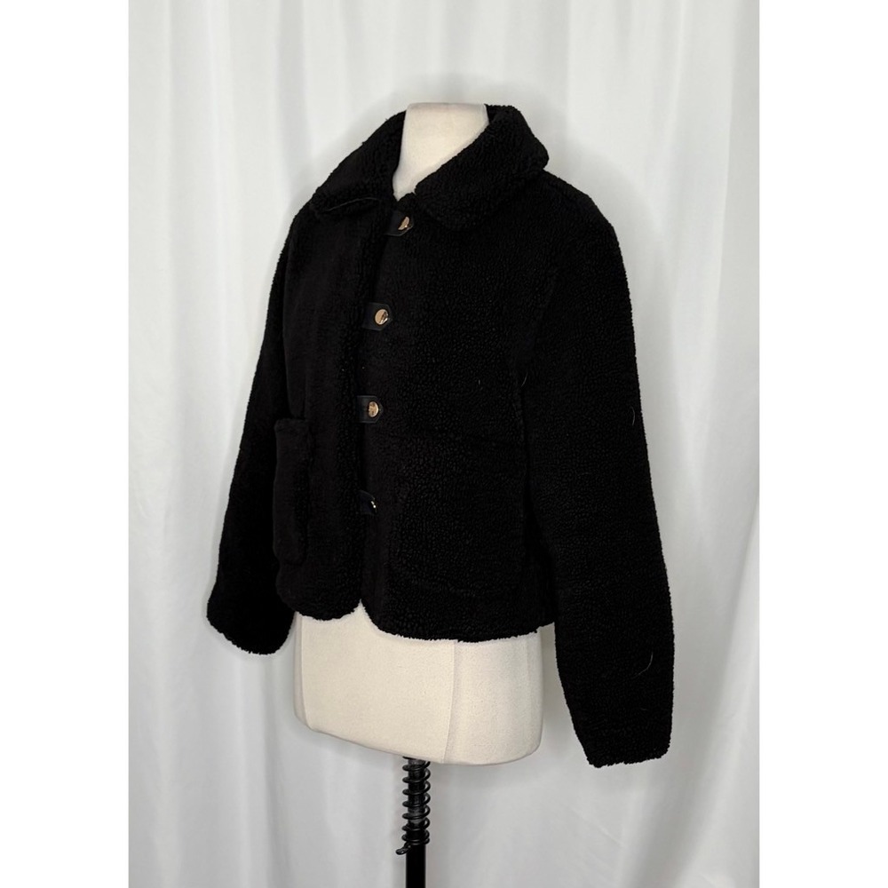 ZARA Black Sherpa Fuzzy Fleece Teddy Coat‎ Faux Shearling Snaps Pockets Small - Picture 7 of 16